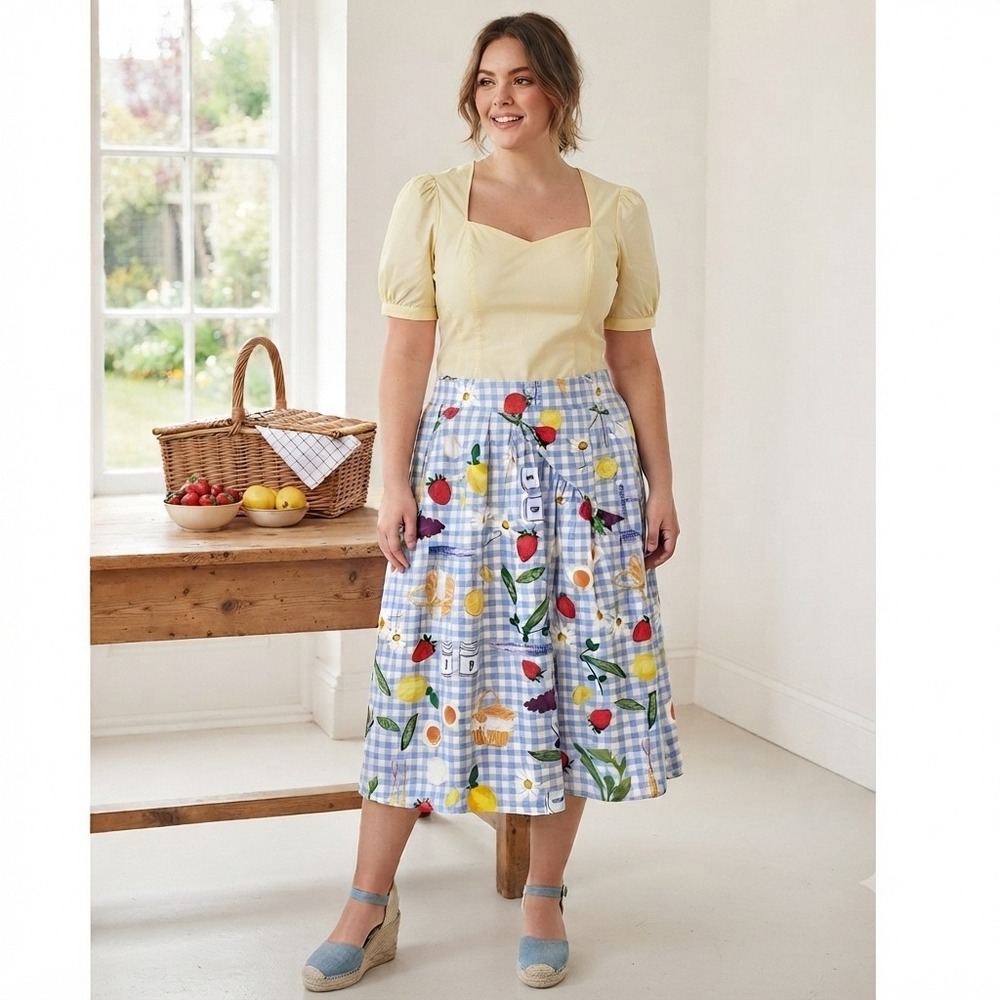 Lisa Says Gah Maeve Skirt Women XL Blue Gingham Picnic Fruit Print Midi